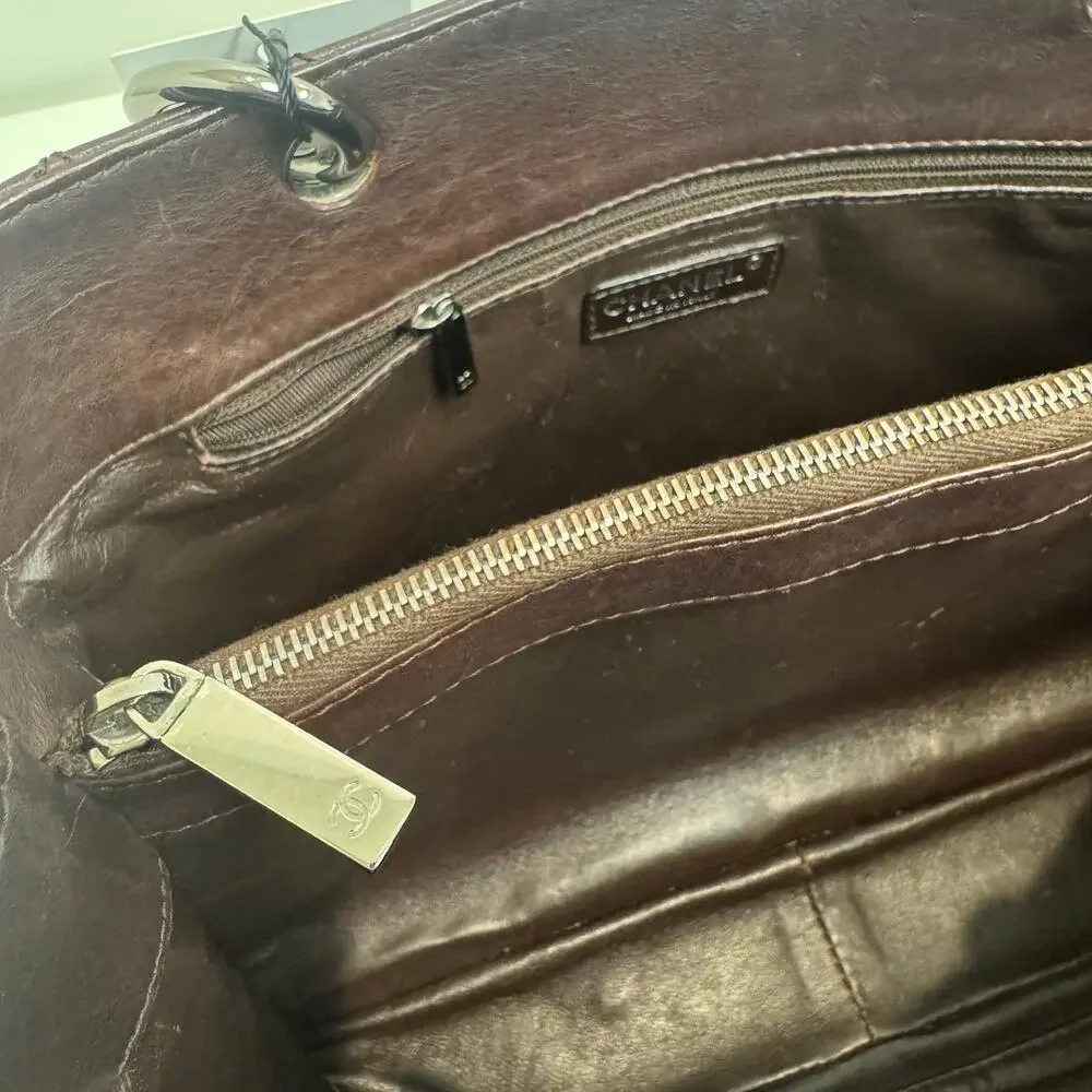 CHANEL Brown Quilted Lambskin Grand Shopping Tote Leather CC Logo Shoulder Bag